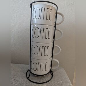 White Coffee Mug Set with Rack